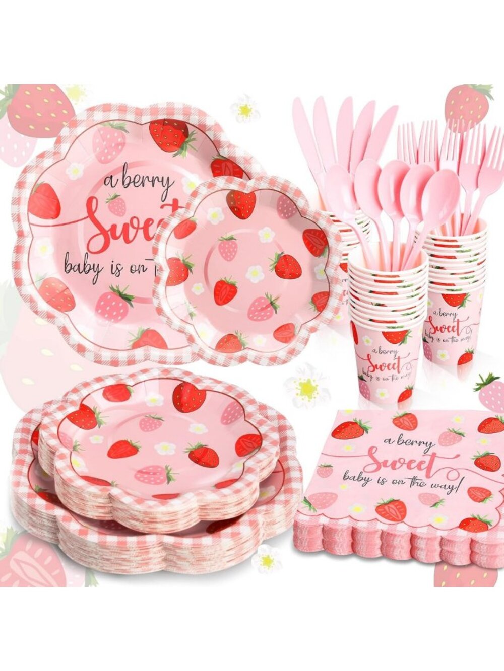 Strawberry Baby Shower Decorations Set for 50 - Plates, Cups & Napkins - Berry